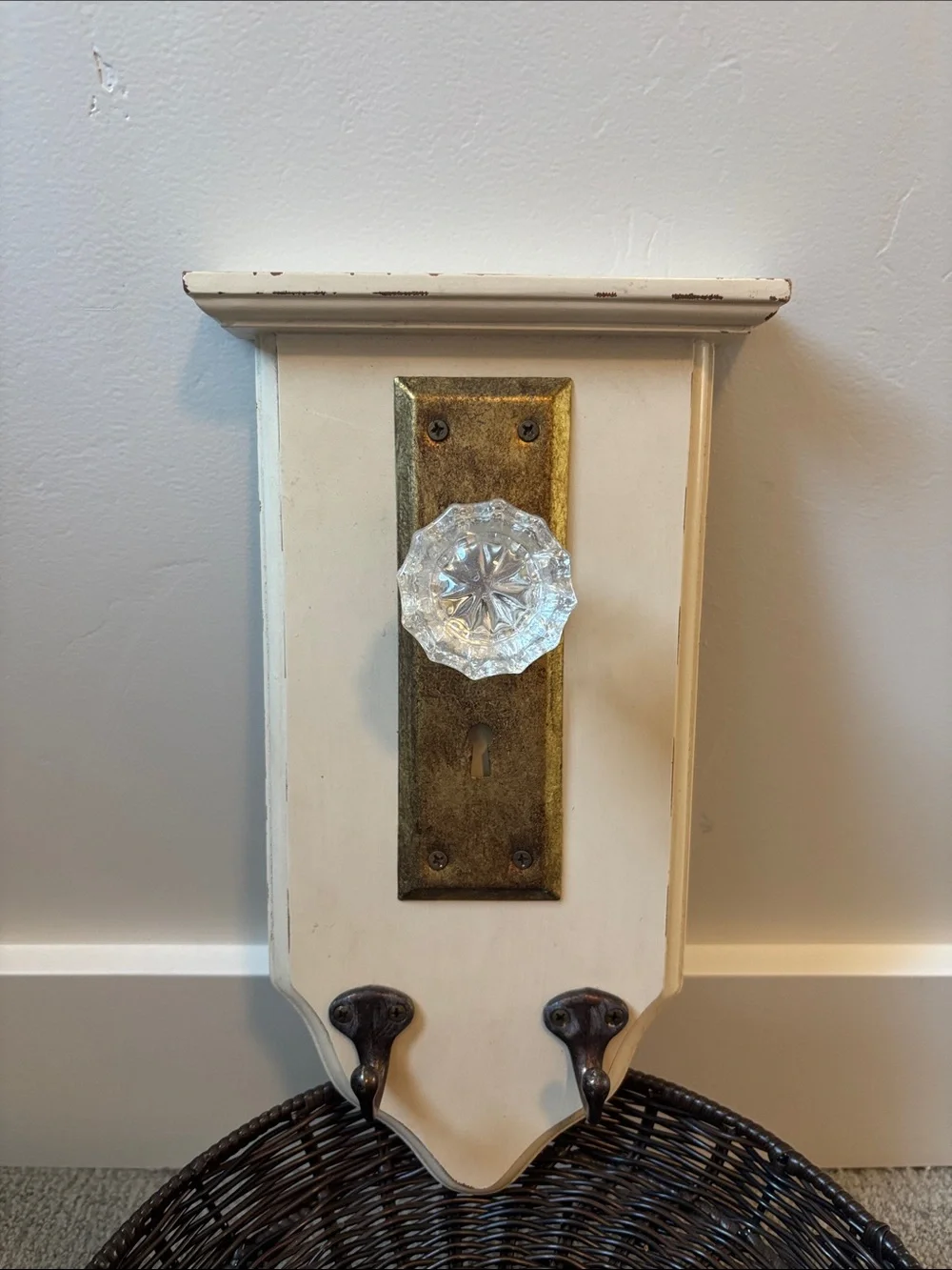Vintage-Style Cream Wall Hook with Glass Knob and Brass Plate